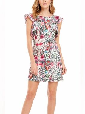 Belle Badgley Mischka Floral Ruffle Dress Romantic Cottagecore Mini Dress